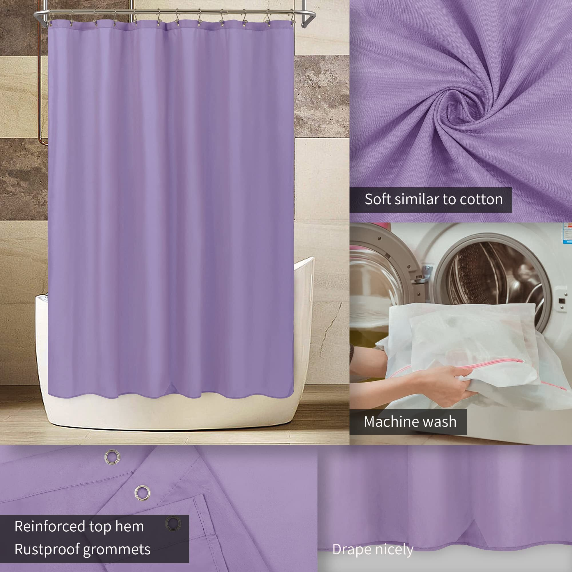 Alyvia Spring Lavender Purple Fabric Shower Curtain Liner Waterproof - Soft & Light-Weight Cloth Shower Liner With 3 Magnets  Hotel Quality & Machine Washable - Standard Size 72X72  Lavender