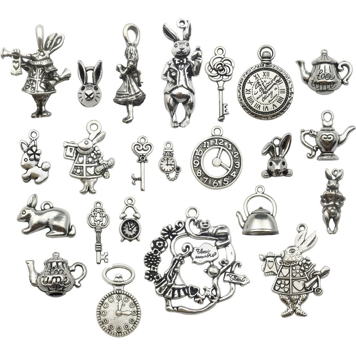 Ilovediybeads 40Pcs Antique Silver Alice In Wonderland Fairy Tales Tea Party Steampunk Victorian Charms For Jewelry Making (M077)