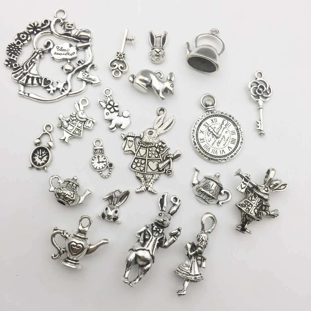 Ilovediybeads 40Pcs Antique Silver Alice In Wonderland Fairy Tales Tea Party Steampunk Victorian Charms For Jewelry Making (M077)