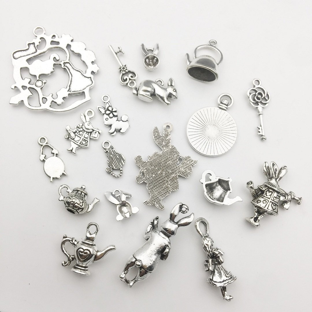 Ilovediybeads 40Pcs Antique Silver Alice In Wonderland Fairy Tales Tea Party Steampunk Victorian Charms For Jewelry Making (M077)