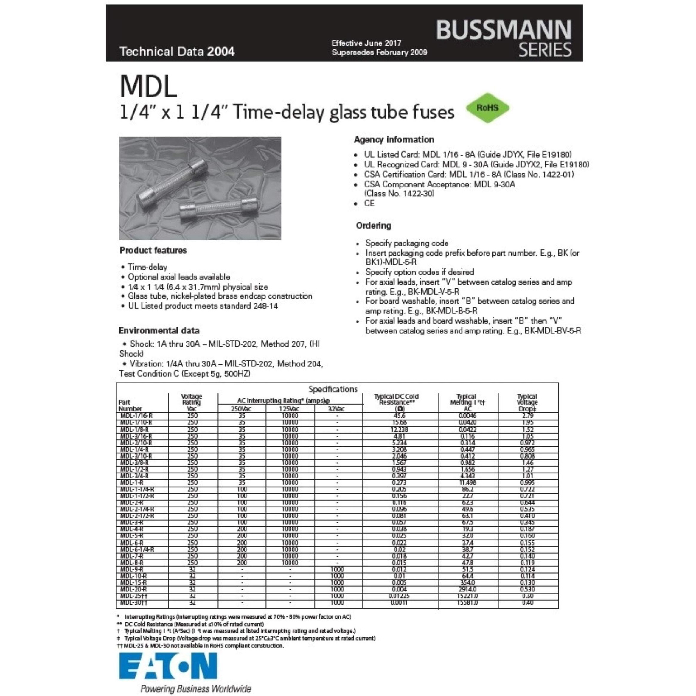 Bussmann Mdl-6 6 Amp Time Delay Glass Tube Fuse  250Vac  Ul Listed 5-In Tin  5 Pack