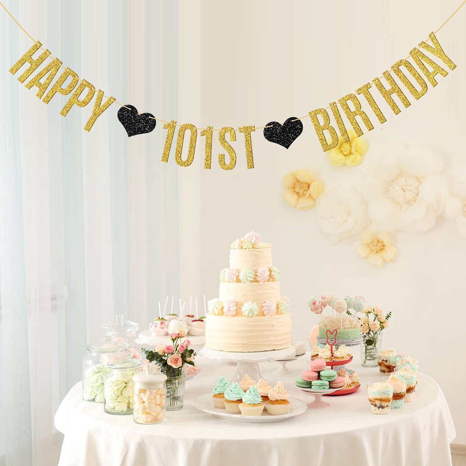 Webenison Happy 101St Birthday Banner 101 Years Loved/Cheers To 101 Years Birthday Party Decoration Supplies/Gold Glitter
