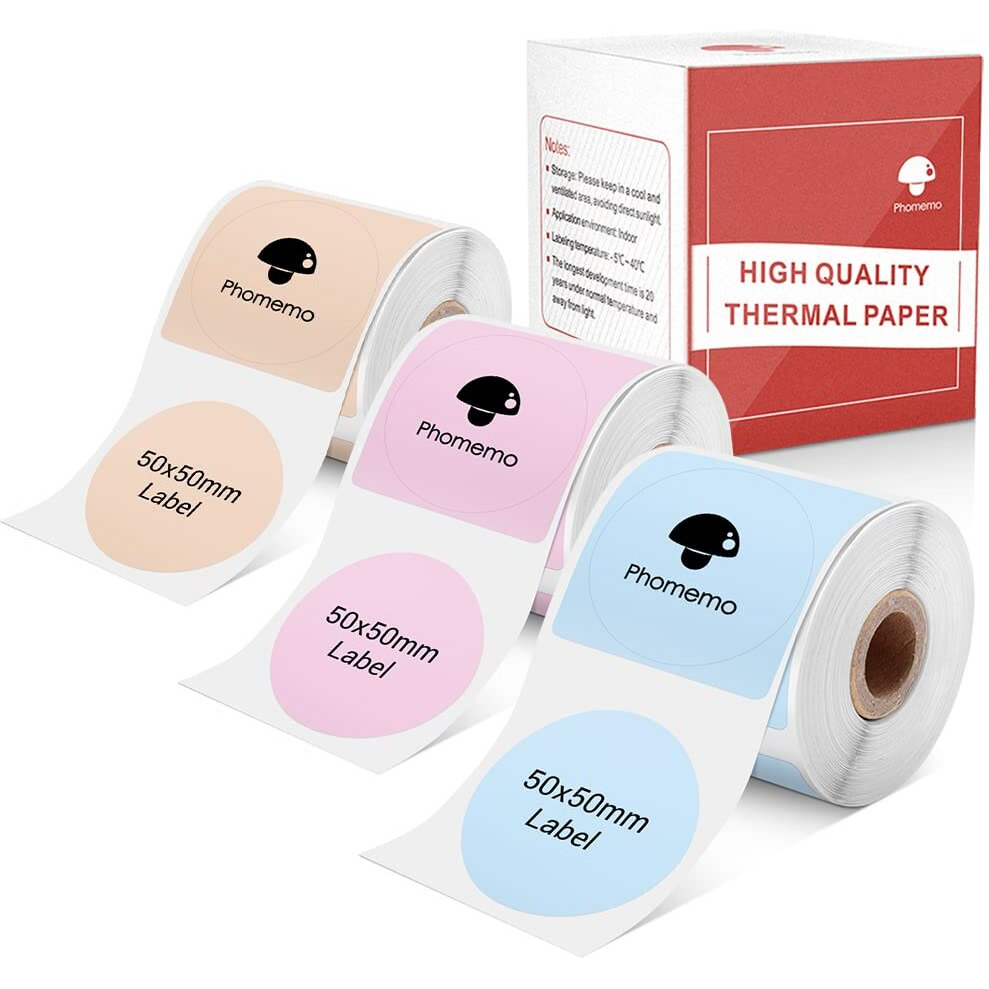 M110 Round Labels  Self-Adhesive Thermal Sticker  Phomemo M110 Label Compatible With M110 M120 M200 M220 M221 Label Printer  Black Text On Pink  Blue  Khaki  1.96"&quotX1.96 (50X50Mm)  140 Labels/Roll