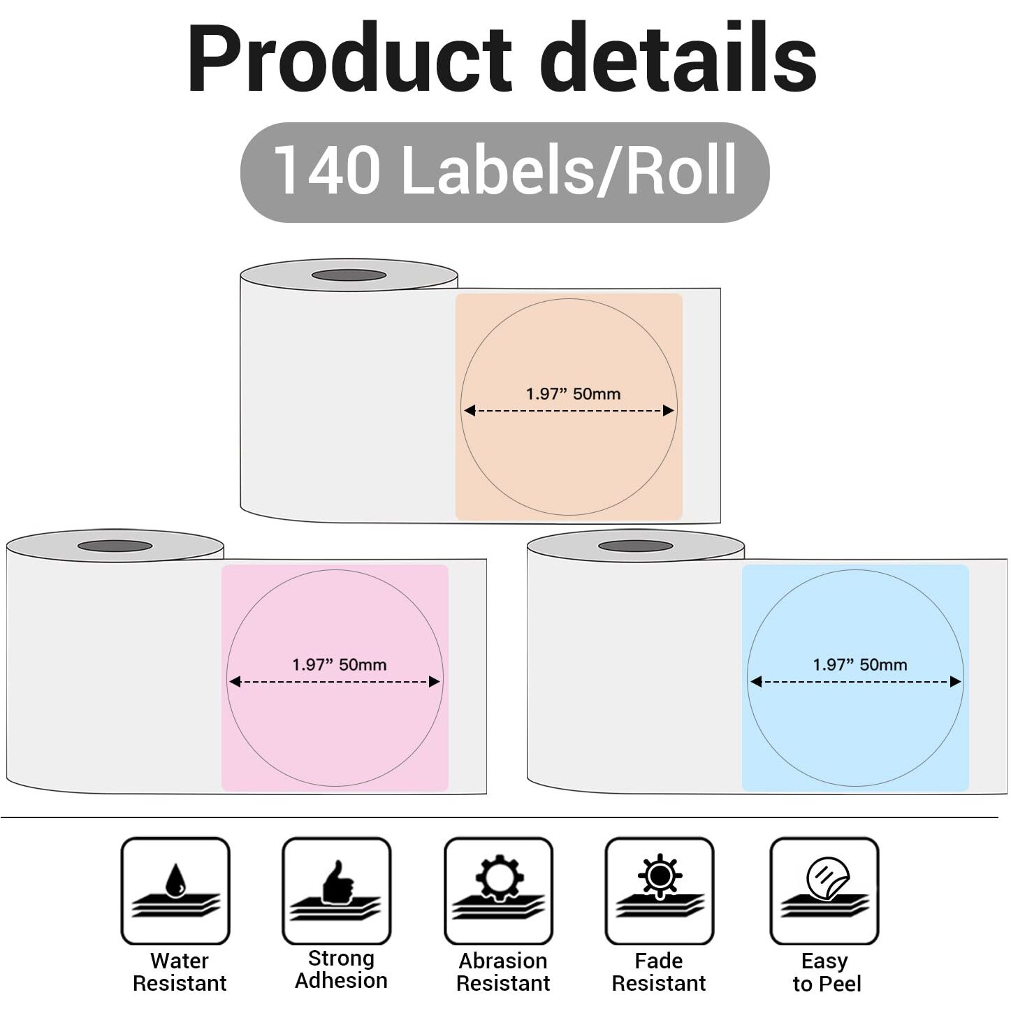 M110 Round Labels  Self-Adhesive Thermal Sticker  Phomemo M110 Label Compatible With M110 M120 M200 M220 M221 Label Printer  Black Text On Pink  Blue  Khaki  1.96"&quotX1.96 (50X50Mm)  140 Labels/Roll