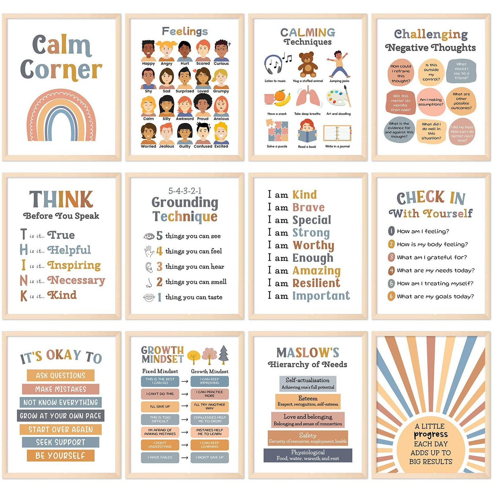 Whaline 12 Sheets Calming Corner Classroom Posters Boho Mental Health Feelings Chart Back To School Calm Down Coping Skills Educational Therapy Posters For Preschool Classroom Decor  11 X 14 Inch