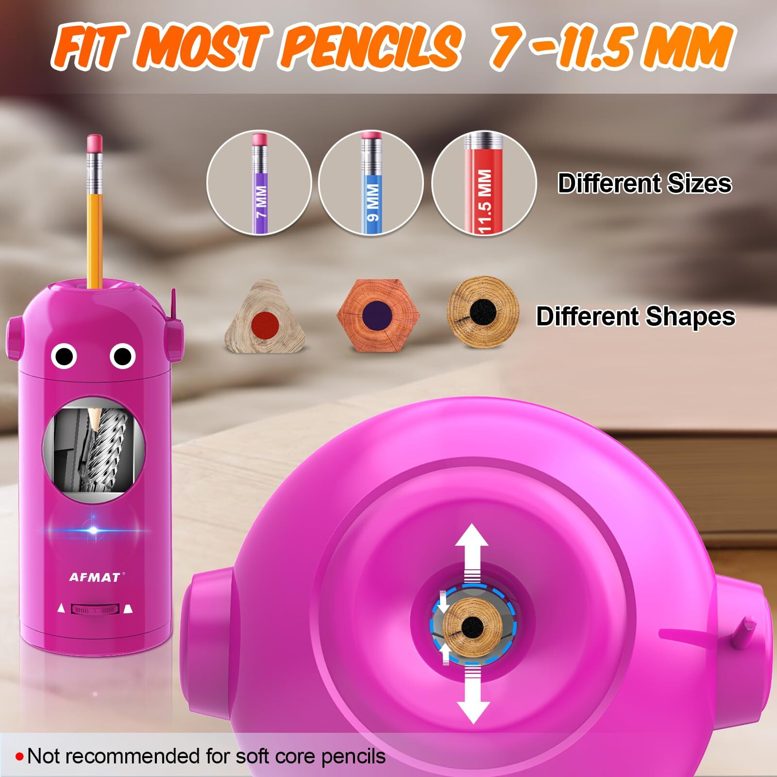 Afmat Electric Pencil Sharpener For Colored Pencils 7-11.5Mm  Auto In & Out  Fully Automatic Rechargeable Hands-Free Pencil Sharpener  Purple  Rb