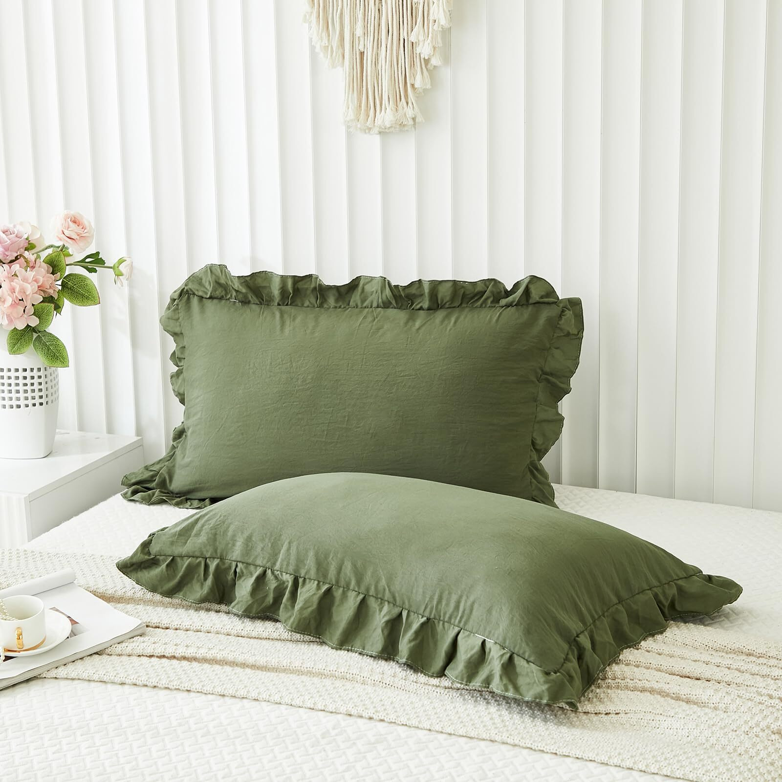 Olive Green Pillow Shams Dark Green Ruffle Standard Pillowcases Cute Pillow Cover Set Of 2 Shabby Chic Soft Microfiber Pillowcases 2 Pack (Queen (20''X30'')  Olive Green)