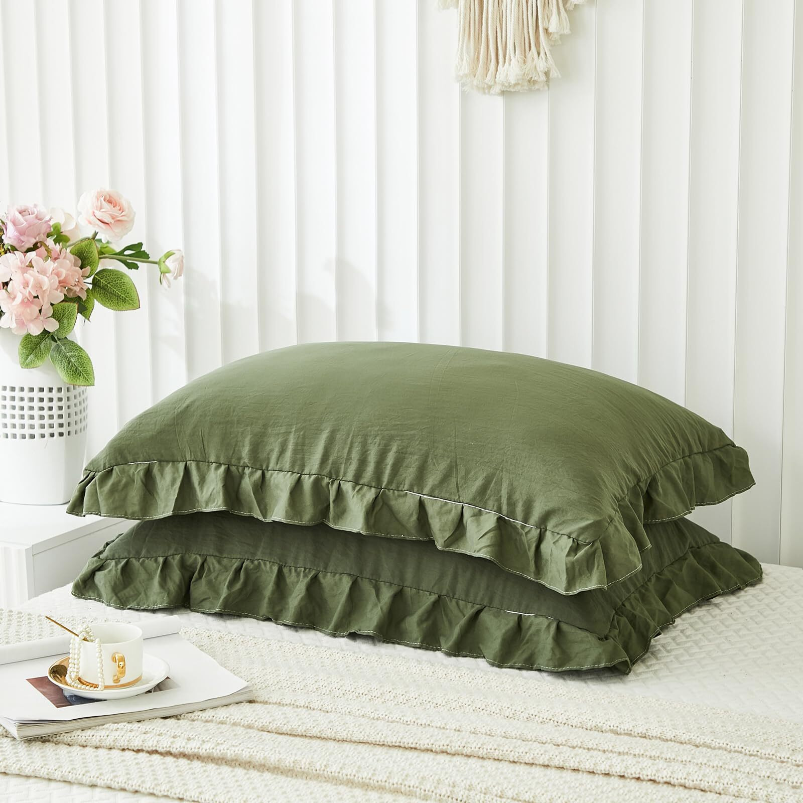 Olive Green Pillow Shams Dark Green Ruffle Standard Pillowcases Cute Pillow Cover Set Of 2 Shabby Chic Soft Microfiber Pillowcases 2 Pack (Queen (20''X30'')  Olive Green)