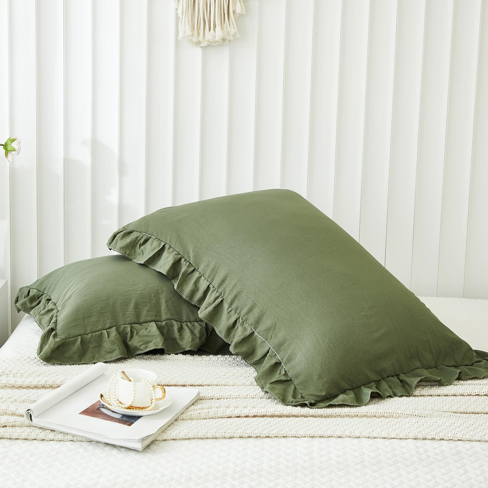 Olive Green Pillow Shams Dark Green Ruffle Standard Pillowcases Cute Pillow Cover Set Of 2 Shabby Chic Soft Microfiber Pillowcases 2 Pack (Queen (20''X30'')  Olive Green)