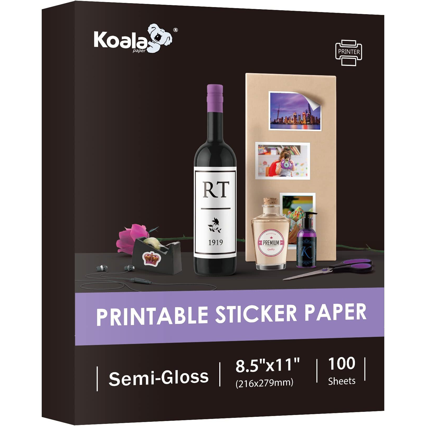 Koala Semi Glossy Sticker Paper For Inkjet And Laser Printer 100 Sheets Printable Sticker Paper  8.5 X 11 Inch Adhesive Photo Sticker Paper  Work Well With Cutting Machine