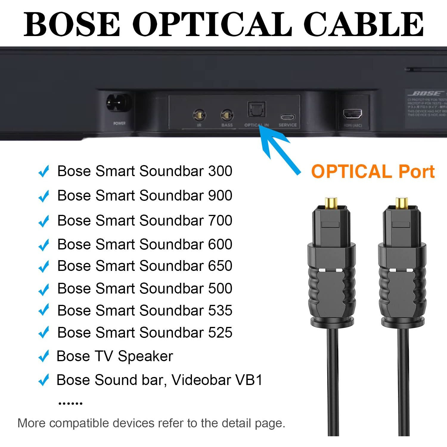 Optical Audio Cable For Bose Smart Soundbar 300  Bose Soundbar 900  Bose Tv Speaker  Bose Solo 5 Tv  Soundbar 700  Soundbar 600/650/500/535/525  Sound Bar Digital Audio Fiber Optic Cable (5Ft)