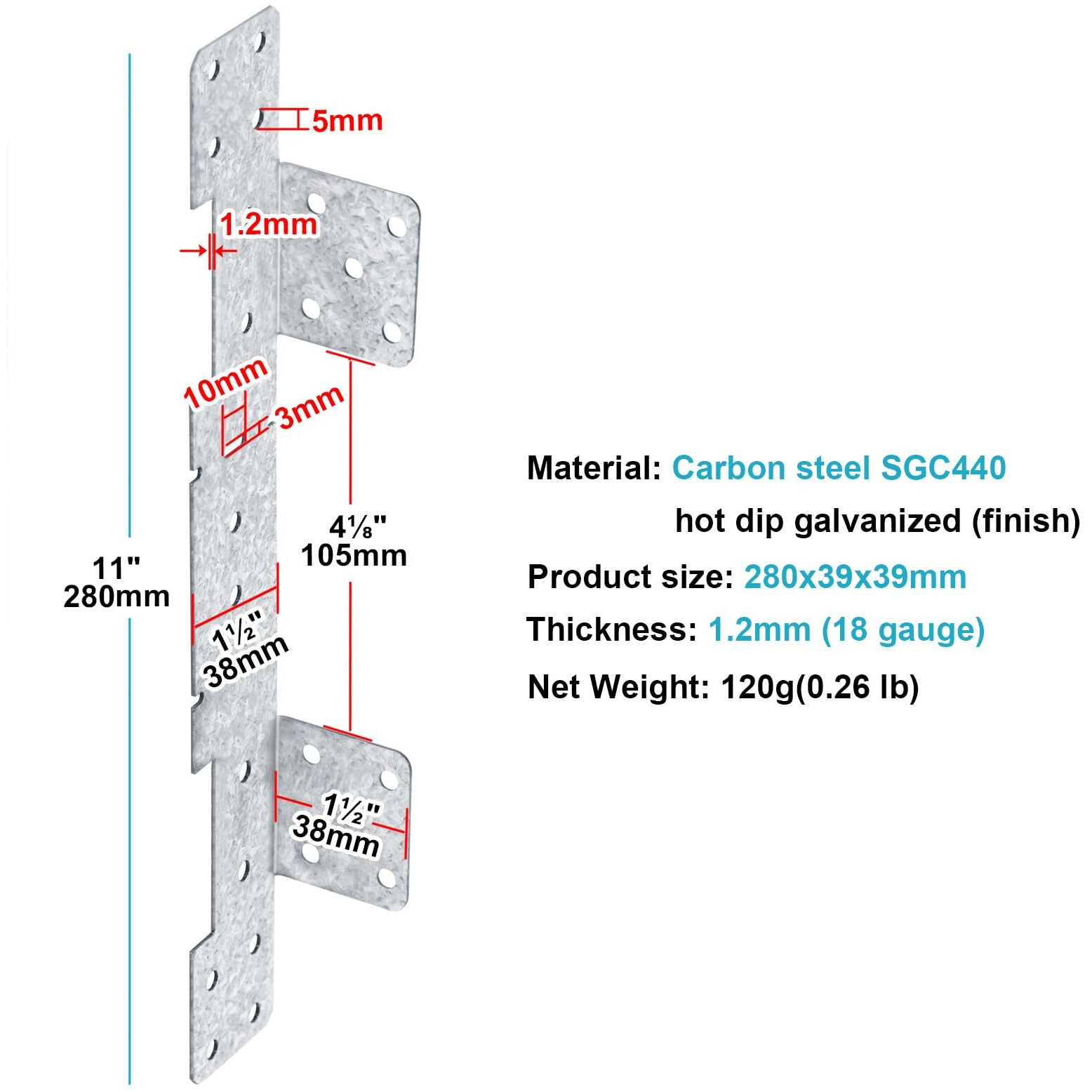 8 Pcs Adjustable Stair-Stringer Connector  Tie Straps Bracket Galvanized Steel Deck Stair Stringer Connector(18 Gauge)