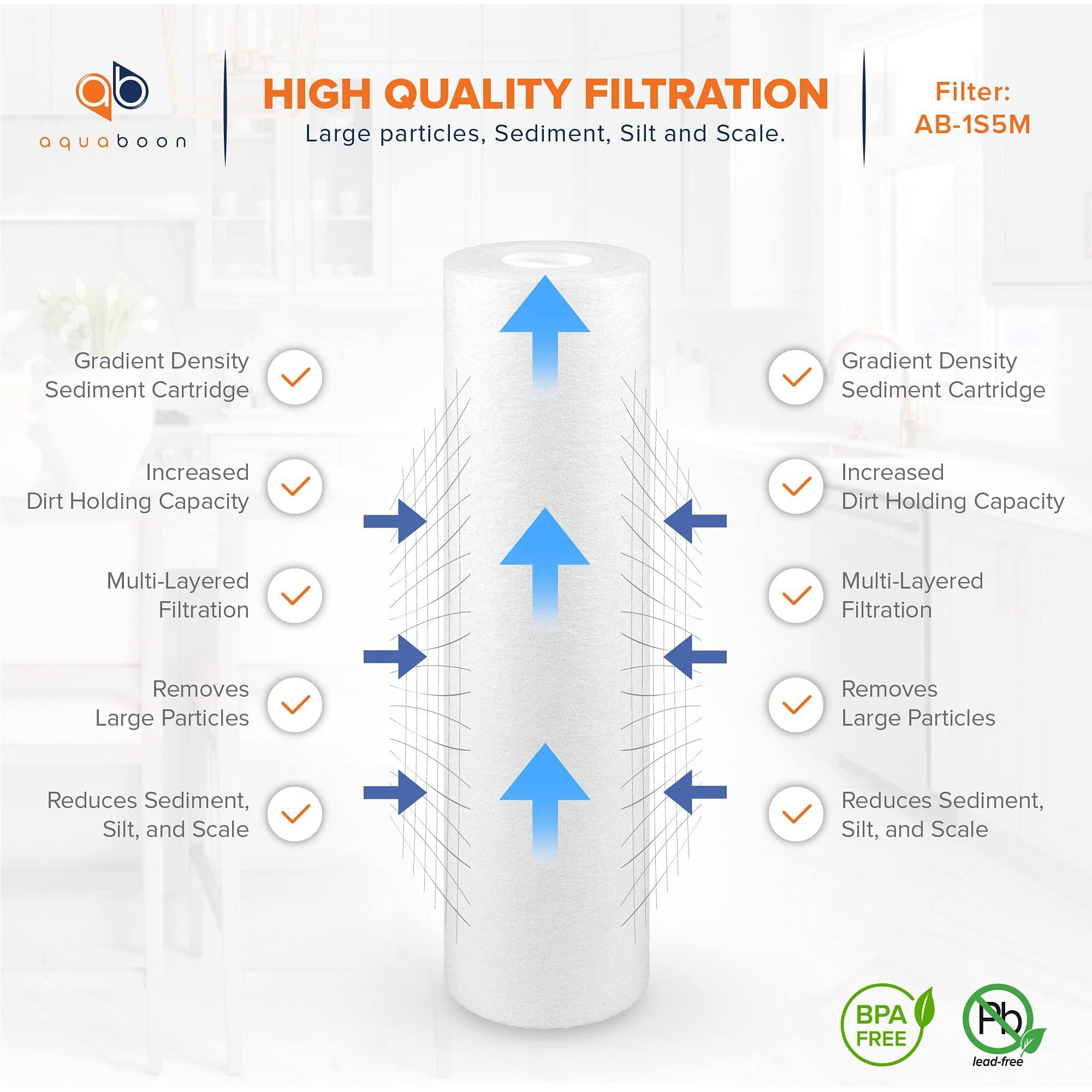 Aquaboon Whole House Water Filter Cartridge Replacement - 5 Micron Water Filter 10 X 2.5 Inch - Sediment Filter Compatible With Aqua Pure Ap110  Ap101T  Whirlpool Whkf-Gd05  Culligan P5  6 Pack