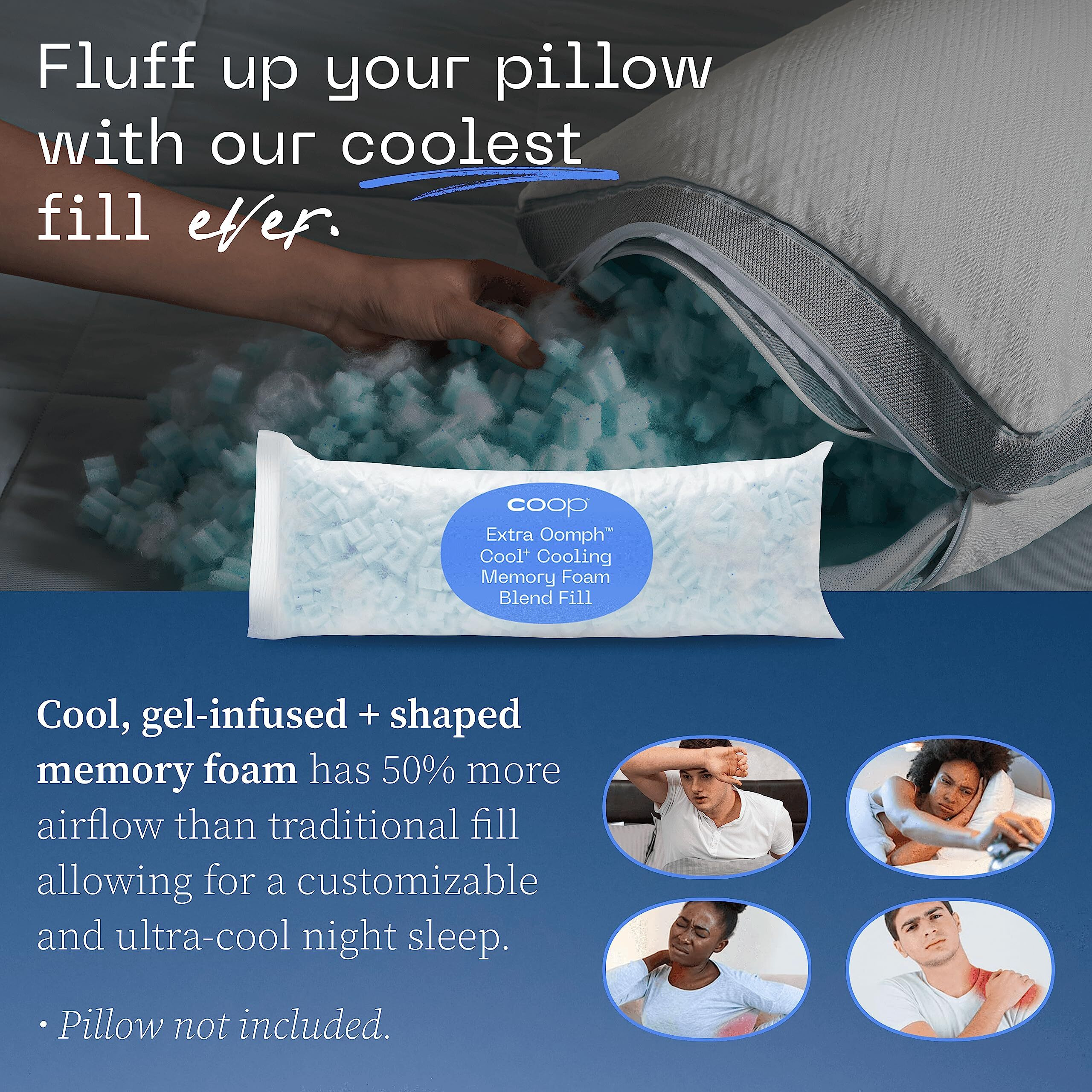Coop Home Goods Extra Oomph Cool+ Pillow Fill  Gel-Infused  Plus Shaped Memory Foam Filling For More Airflow  1/2 Pound Filler For Eden Cool+ Pillows  Greenguard Gold & Certipur-Us Certified