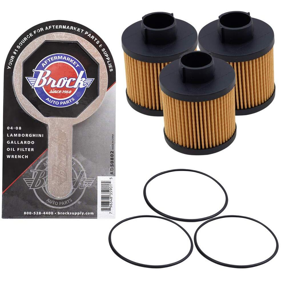 Brock Replacement 3 Pc Oil Filters With Wrench Tool Set Kit Compatible With 2004-2008 Gallardo Spyder Coupe Superleggera Se Base Nera 07L115561C