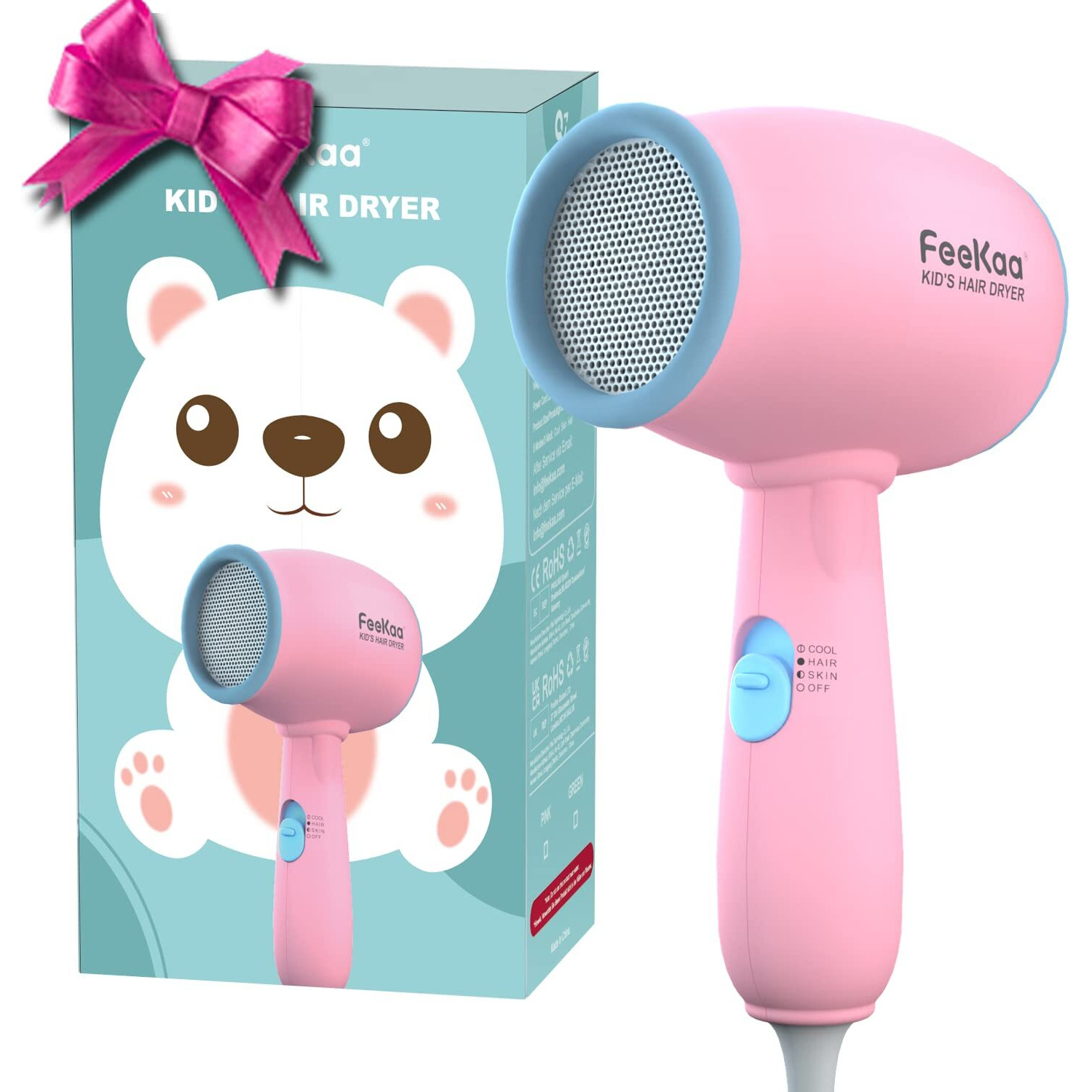 Feekaa Kids Hair Dryer  Pink  500 Watt  Lightweight  Gentle Heat  Safe For Kids  Anti-Scald Design