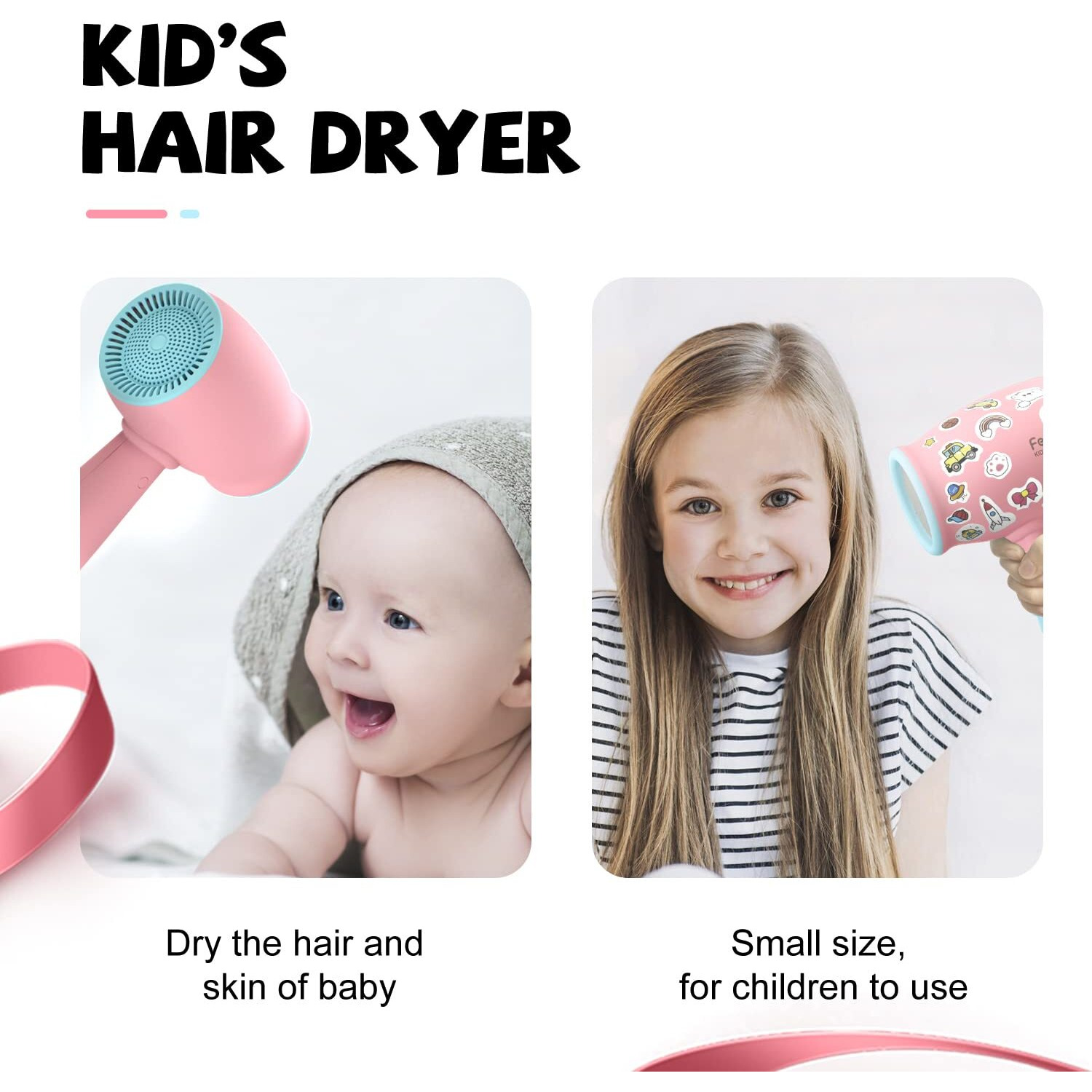 Feekaa Kids Hair Dryer  Pink  500 Watt  Lightweight  Gentle Heat  Safe For Kids  Anti-Scald Design