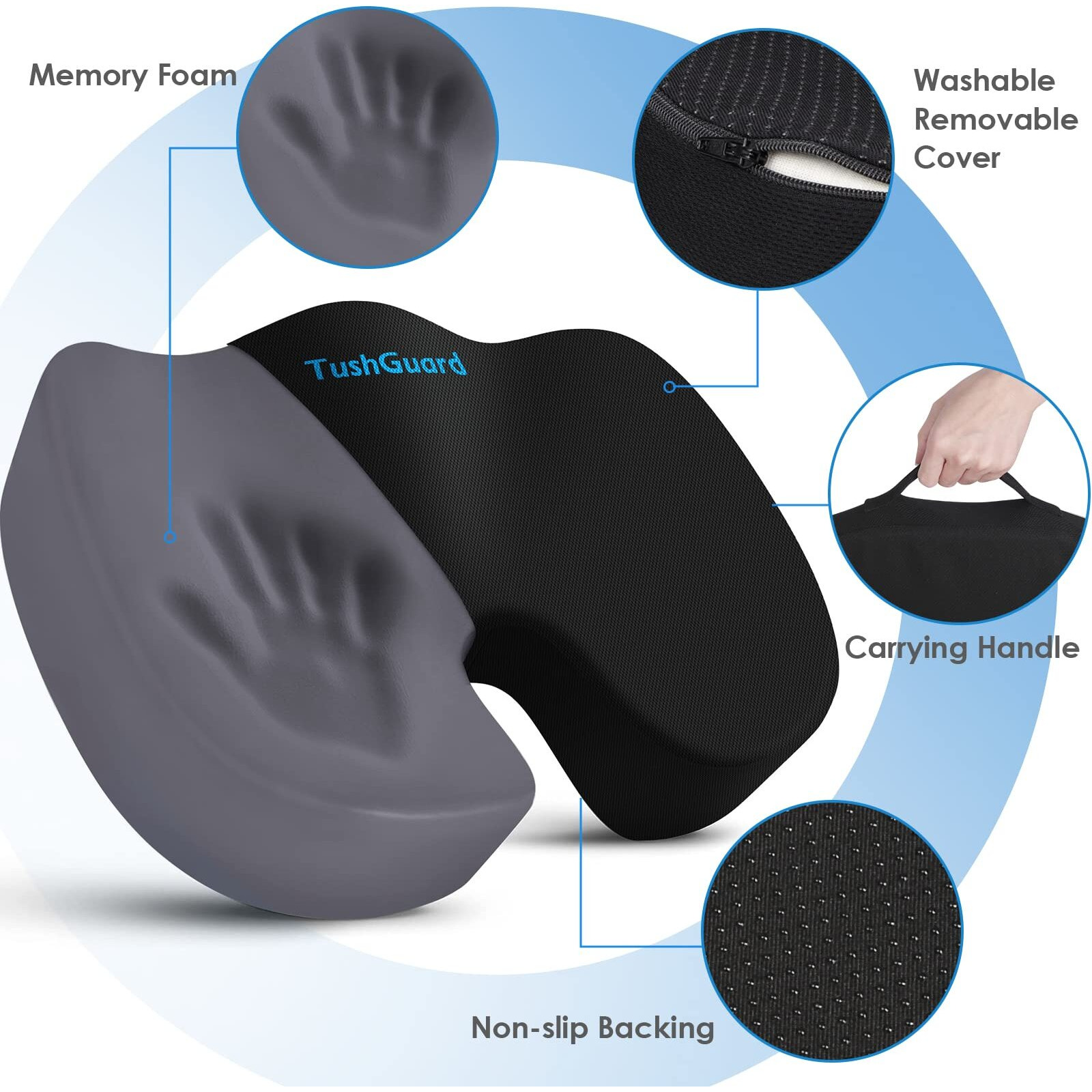 Tushguard Seat Cushion For Office Desk Chair  Memory Foam  Non-Slip  Cushion Back  Coccyx  Sciatica  Tailbone Pain Relief Butt Pillow For Car  Wheelchair  Black