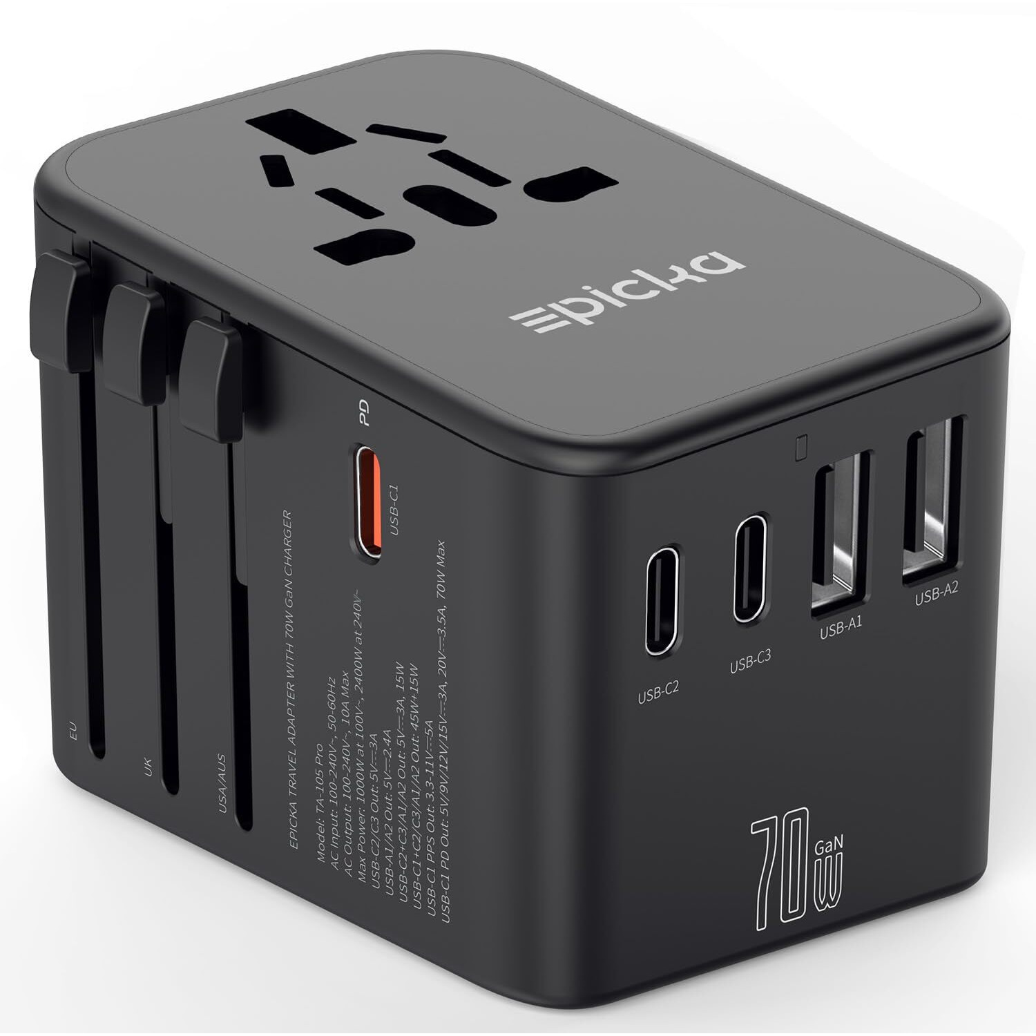 Epicka Universal Travel Adapter  Gan International Plug Adapter With 3 Usb-C 70W Pd Fast Charging & 2 Usb-A Adaptor All-In-One Wall Charger For Usa Eu Uk Aus (Ta-105 Pro  Black)