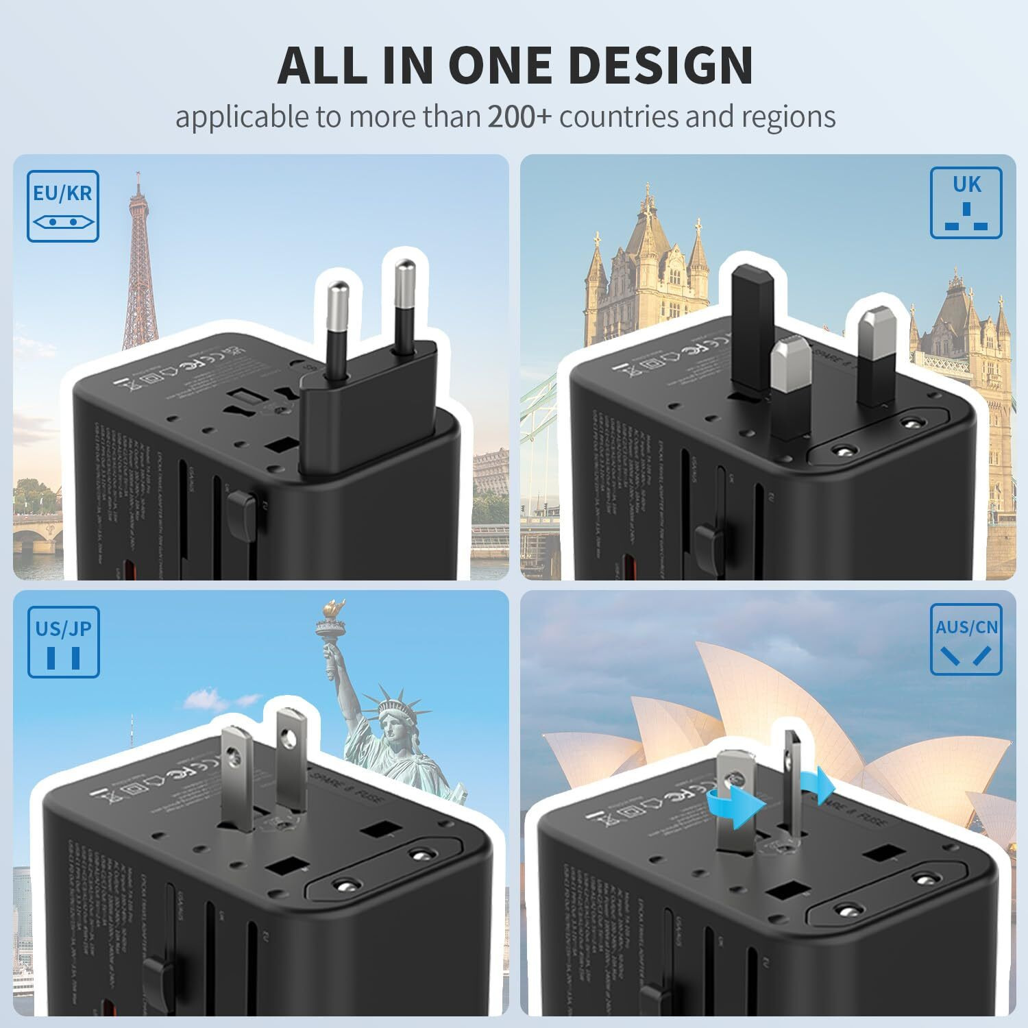 Epicka Universal Travel Adapter  Gan International Plug Adapter With 3 Usb-C 70W Pd Fast Charging & 2 Usb-A Adaptor All-In-One Wall Charger For Usa Eu Uk Aus (Ta-105 Pro  Black)