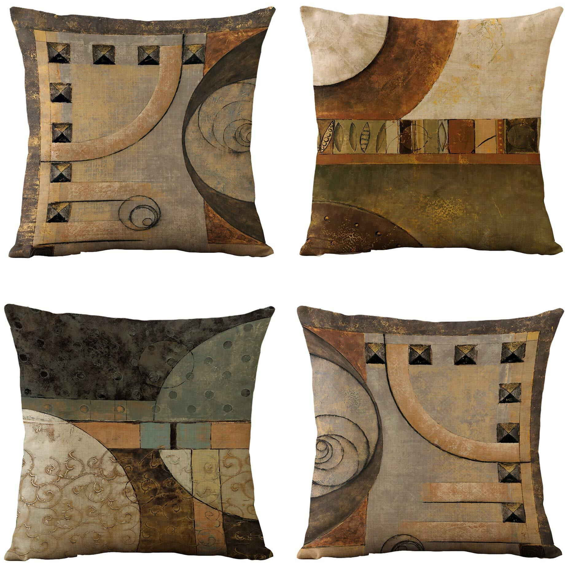 Womhope Set Of 4 Vintage Geometric Decorative Throw Pillow Covers Pillow Cases Cushion Cases 18 X 18 Inch For Living Room Couch And Bed (Brown)