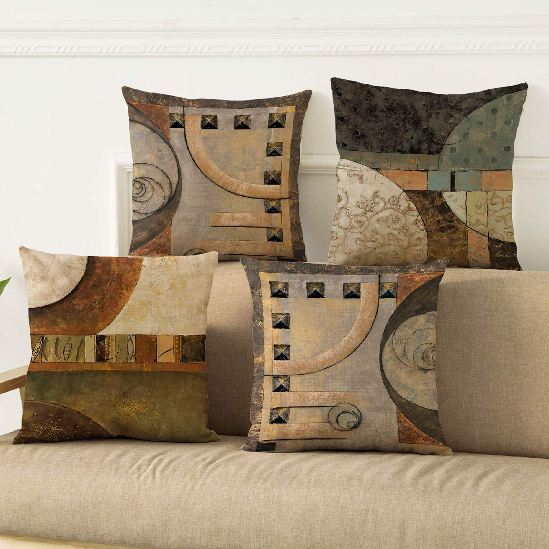 Womhope Set Of 4 Vintage Geometric Decorative Throw Pillow Covers Pillow Cases Cushion Cases 18 X 18 Inch For Living Room Couch And Bed (Brown)