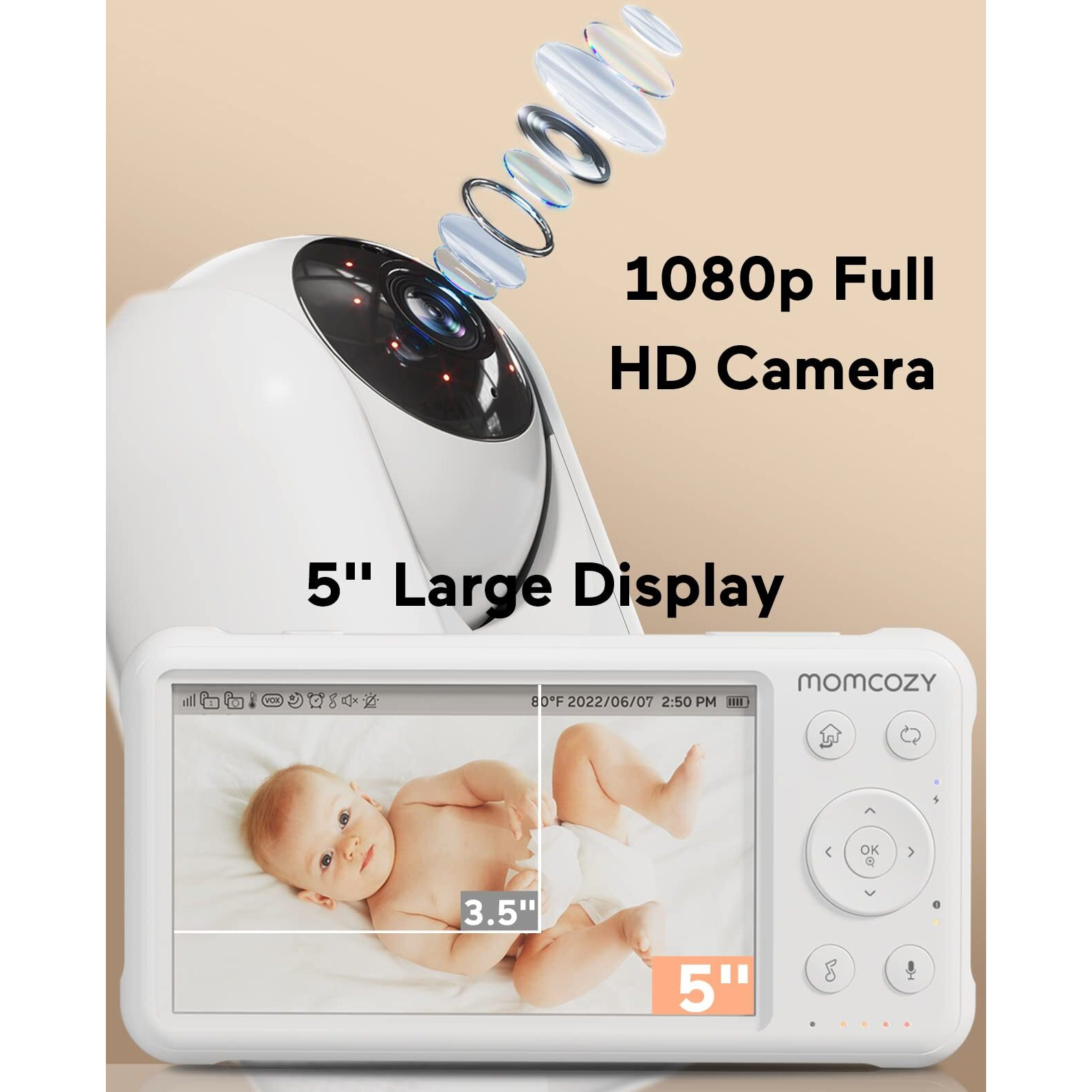 Momcozy Video Baby Monitor  1080P 5"" Hd Baby Monitor With Camera And Audio  Infrared Night Vision  5000Mah Battery  2-Way Audio  Temperature Sensor  Lullabies And 960Ft Range  Ideal For New Moms