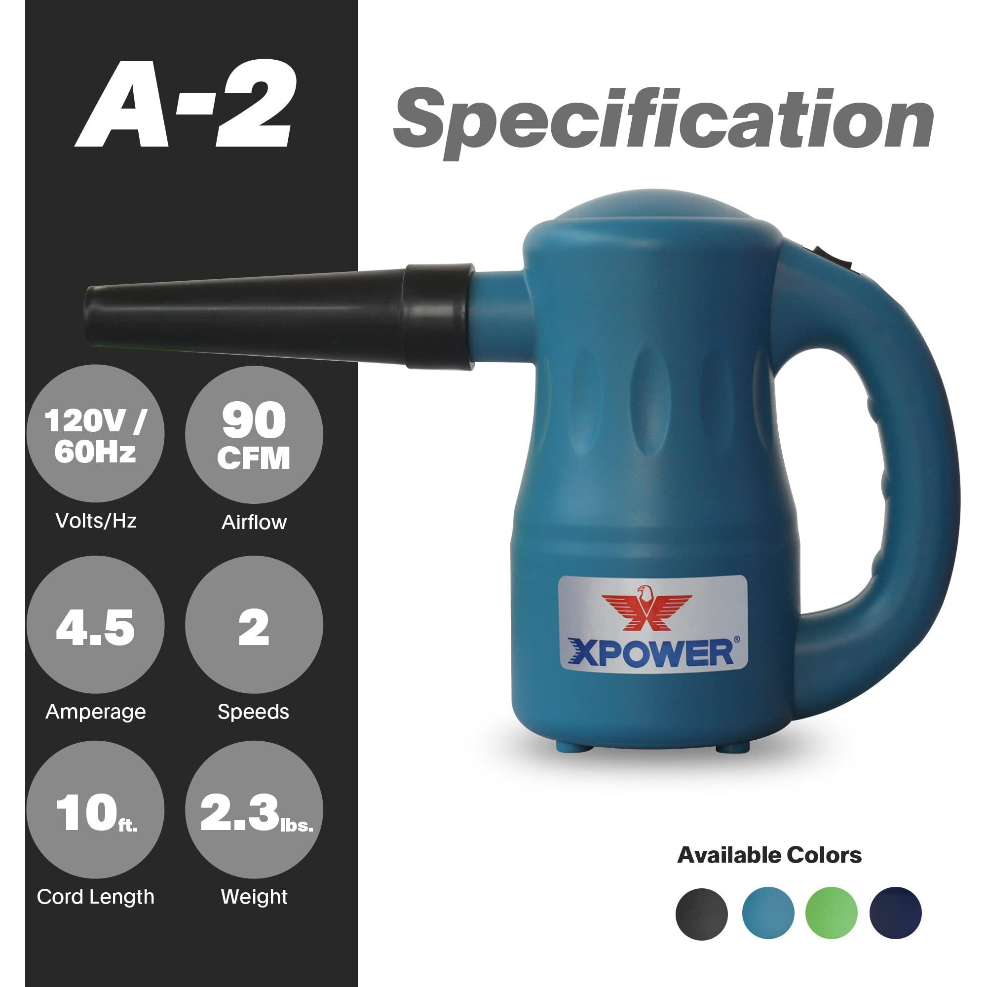 Xpower A-2 Airrow Pro Electric Air Duster For Dusting  Drying  Inflating  Car Detailing  Computer  Leaf Blowing  90 Cfm  7 Nozzles+2 Brushes  High Performance Motor  Eco-Friendly  Jet Black