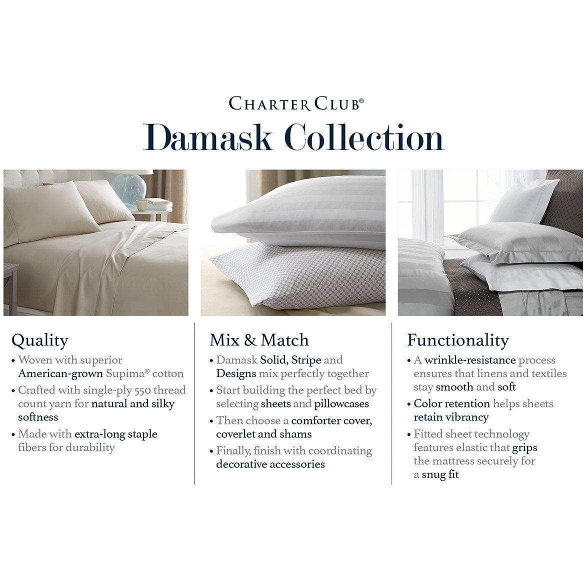 Charter Club Damask Stripe King 4-Pc Sheet Set  550 Thread Count Pure Supima Cotton (White)