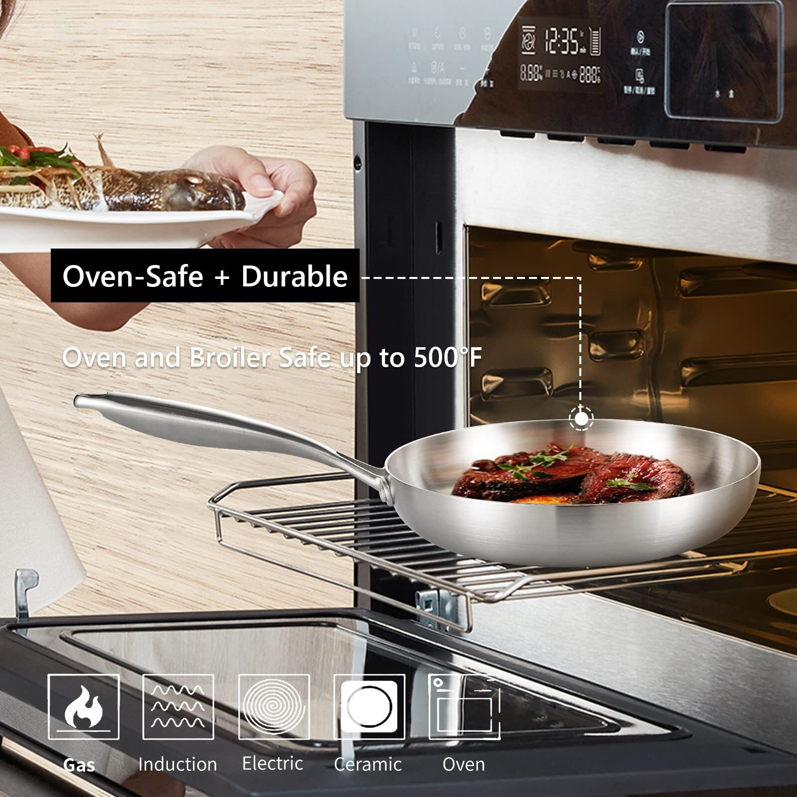 Lolykitch 8-10-12 Inch Tri-Ply Stainless Steel Frying Pan Set Of 3 Chef's Pans Skillets Induction Cookware Pots And Pans Set Dishwasher And Oven Safe.