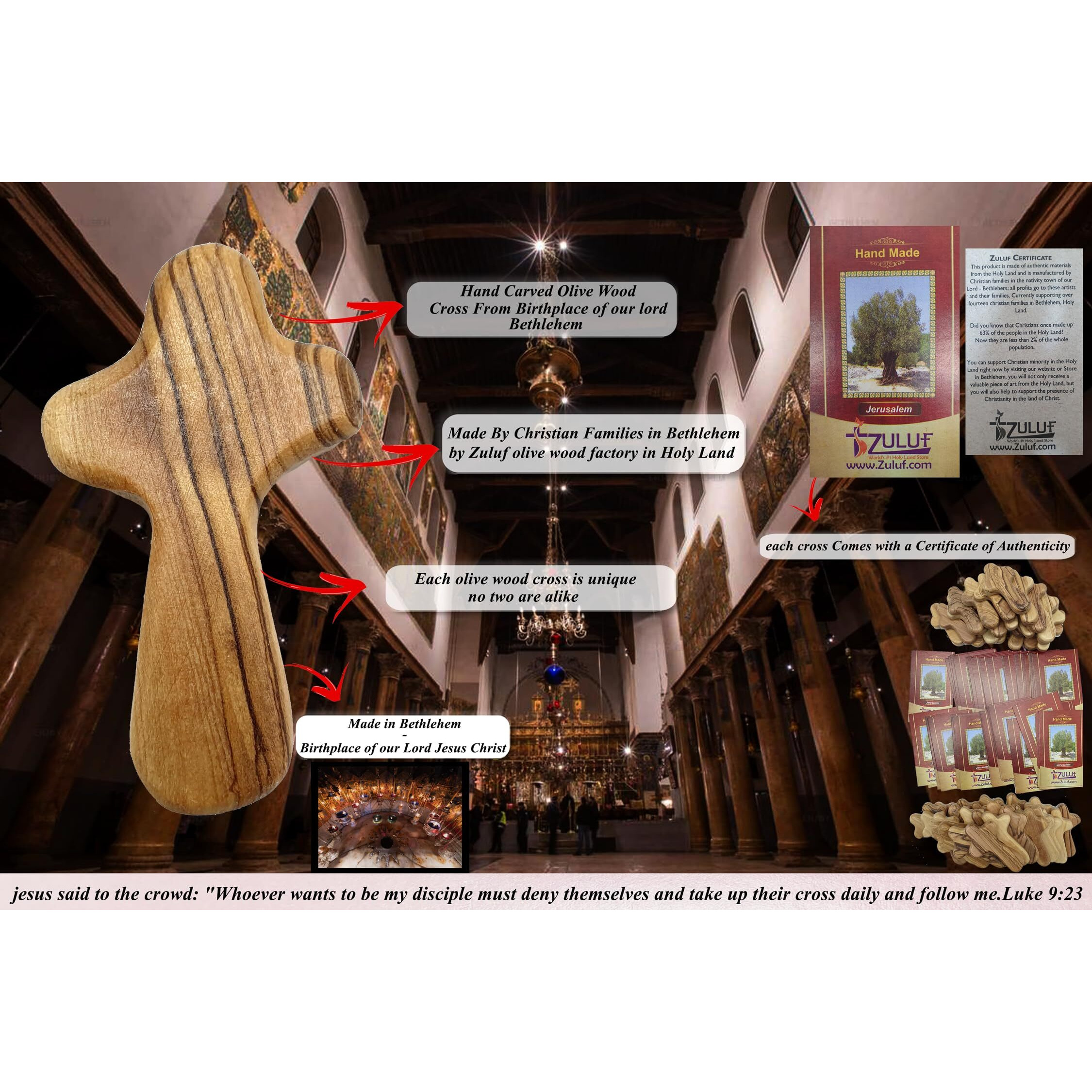 Zuluf 25 Small Olive Wood Comfort Crosses From Bethlehem Israel - Pocket Wooden Holding Hand Crosses Religious Christian Gift 6Cm / 2.5 Inch Each Cross - Crs097