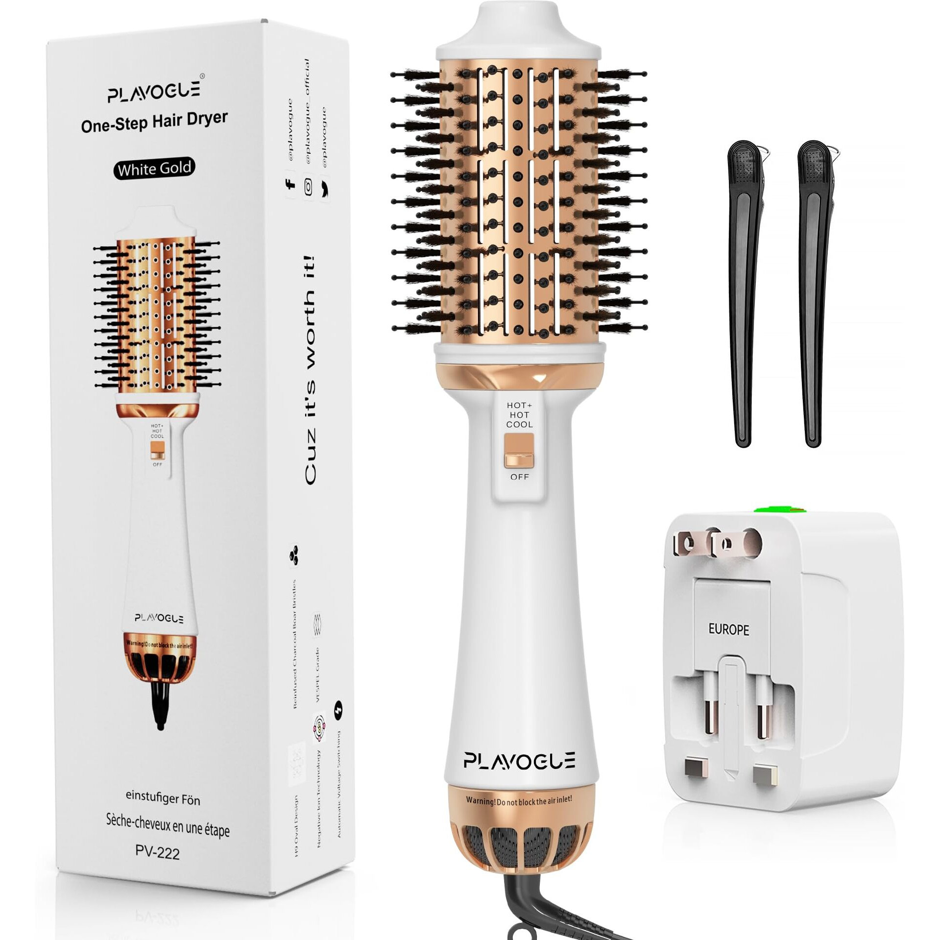 Plavogue Dual Voltage Blow Dryer Brush For European Travel - One-Step Hot Air Brush With Volumizer  Negative Ionic Anti-Frizz - For All Hair Types  Oval Shape