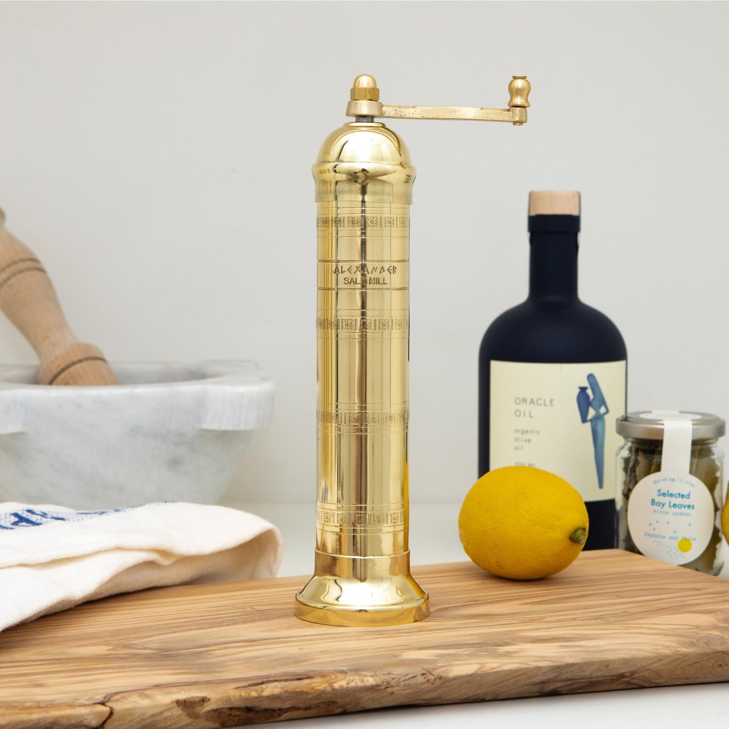 Alexander Home The Original Greek Salt Mill 9 Inch Tall | European Salt Mill Grinder With Crank Handle | Manual Salt Grinder | Salt Refillable - Brass