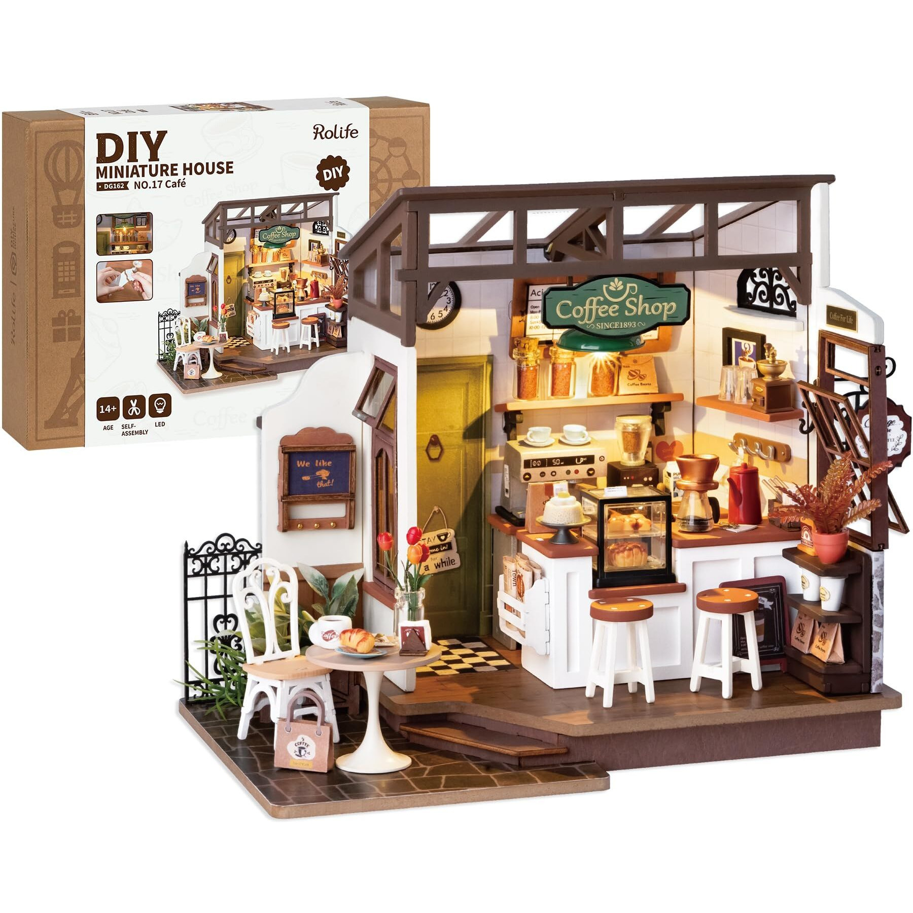 Rolife Coffee Shop Miniature Dollhouse Kit With Led Lights - Diy Crafts For Adults  Birthday Gifts And Hobbies