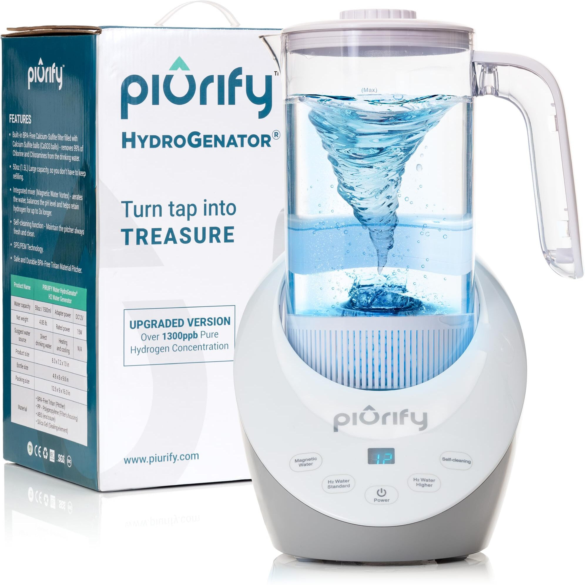 Piurify Hydrogen Water Pitcher - Rich Hydrogen Water Generator Electrolysis Jug Bpa Free With Spe And Pem Concentrator Technology. Balanced Purified Water Ph Levels And Filtered With Calcium Sulfite.