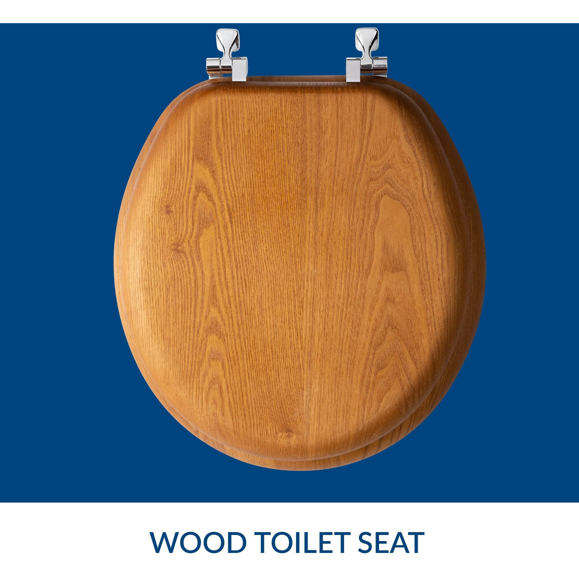 Mayfair 9601Cp 378 Toilet Seat With Chrome Hinges  Round  Natural Oak Veneer