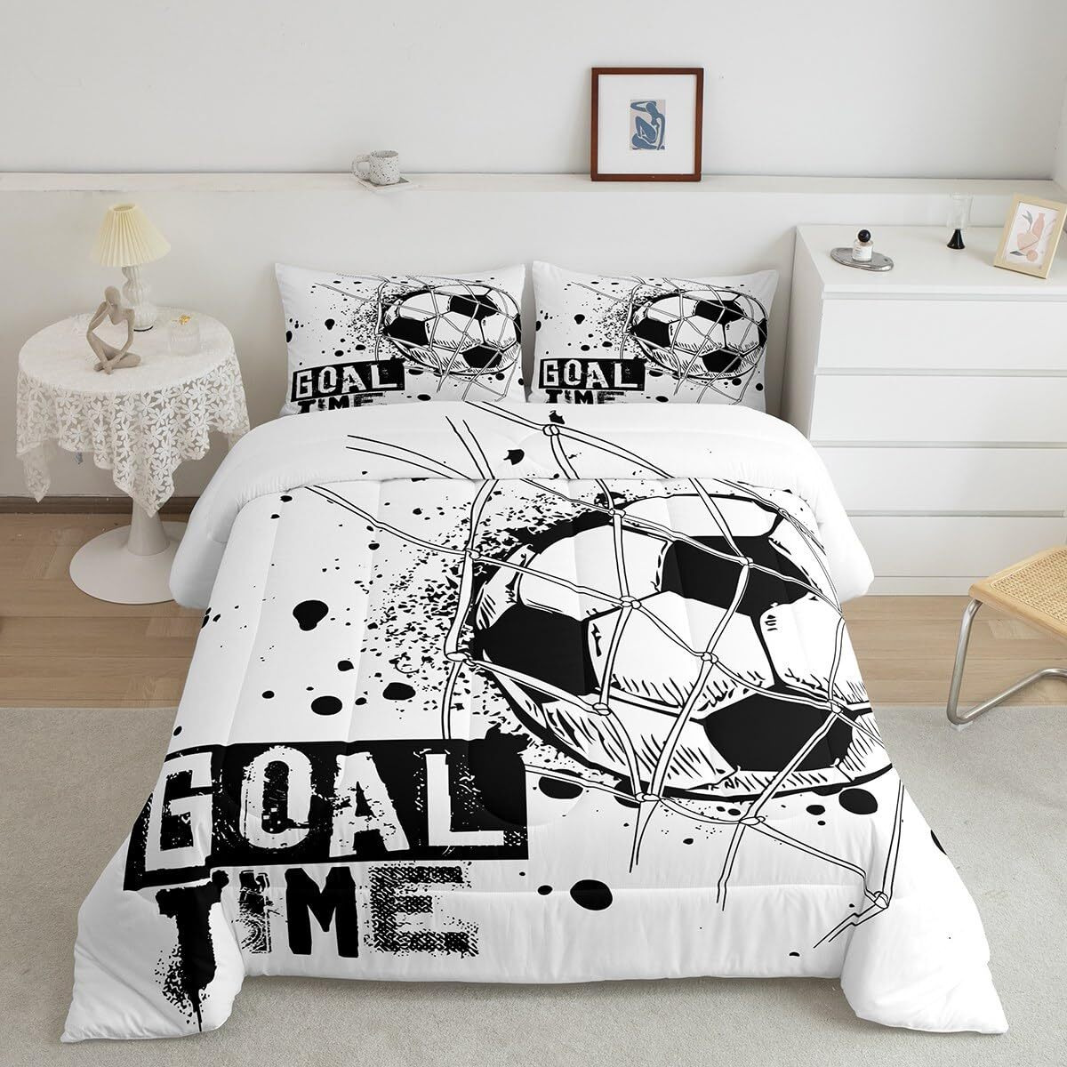 Erosebridal Kids Football Comforter Set Twin Size American Soccer Bedding Set Sports Games Duvet Sets For Boys Girls Children Teens Geometric Polygon Down Comforter For Bedroom  Black White