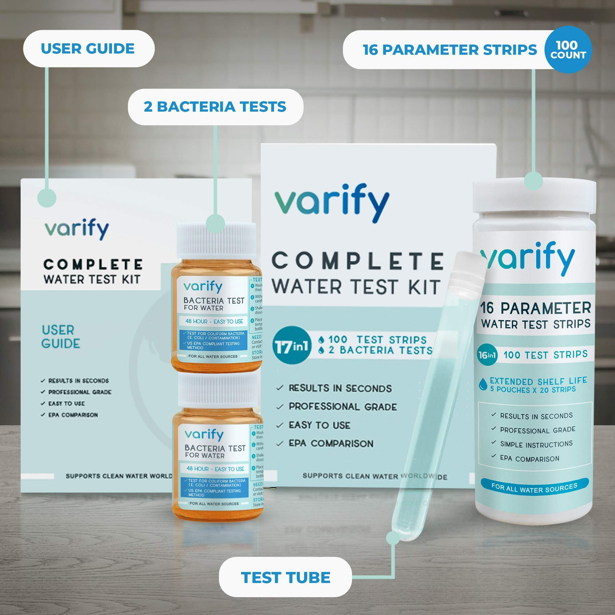 Varify 17 In 1 Complete Drinking Water Test Kit - 100 Strips + 2 Bacteria Tester Kits - Well  Tap  Home  City Water Testing Strip For Lead  Alkaline  Chlorine  Hardness  Iron  Fluoride  Copper & More