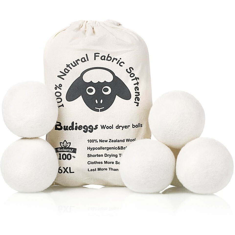 Budieggs Wool Dryer Balls Organic Xl 6-Pack  100% New Zealand Chemical Free Fabric Softener For 1000+ Loads  Baby Safe & Hypoallergenic  Reduce Wrinkles & Shorten Drying Time Naturally