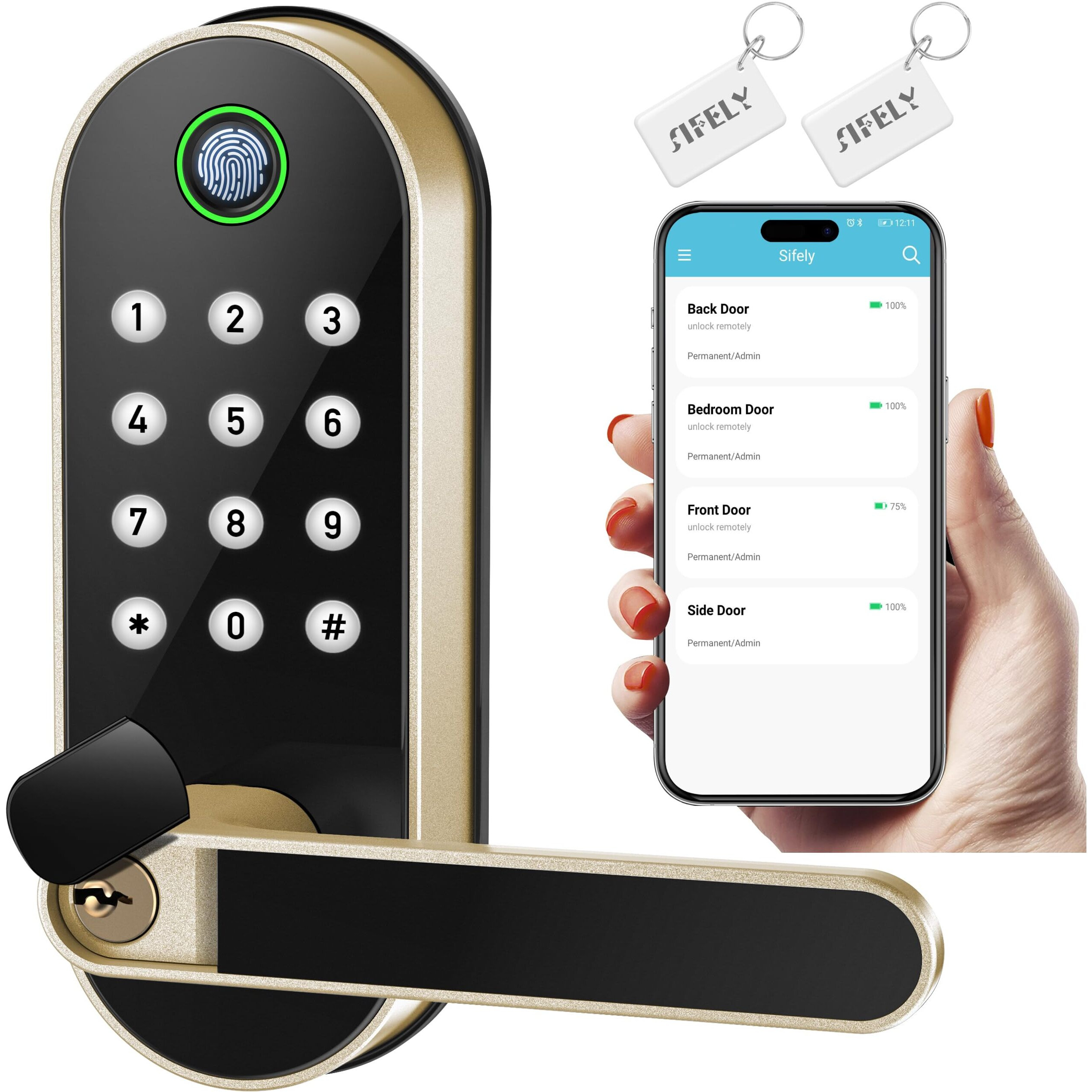 Keyless-Entry Fingerprint Smart Door Lock Sifely Digital Electronic Lock With Code Passcode  Electric Door Knob  Biometric Handle  Perfect For Front Doors  Bedrooms  Homes  Apartments (Gold)