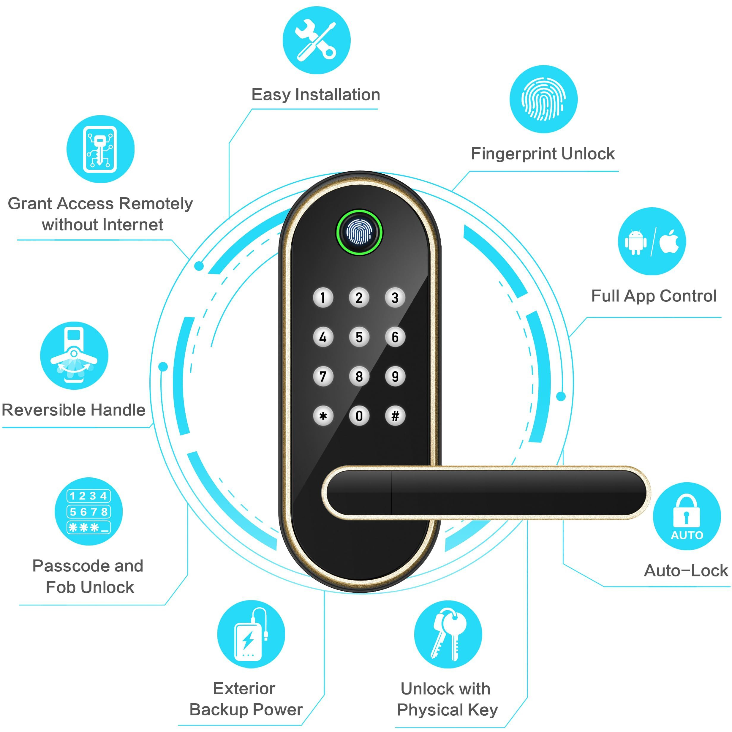 Keyless-Entry Fingerprint Smart Door Lock Sifely Digital Electronic Lock With Code Passcode  Electric Door Knob  Biometric Handle  Perfect For Front Doors  Bedrooms  Homes  Apartments (Gold)