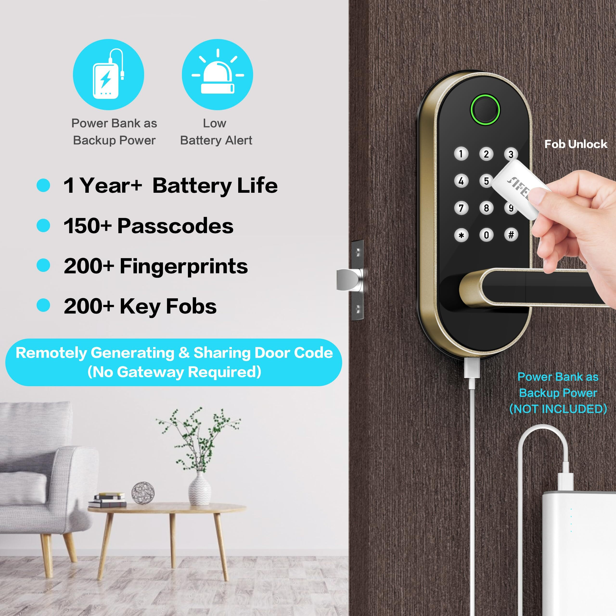 Keyless-Entry Fingerprint Smart Door Lock Sifely Digital Electronic Lock With Code Passcode  Electric Door Knob  Biometric Handle  Perfect For Front Doors  Bedrooms  Homes  Apartments (Gold)