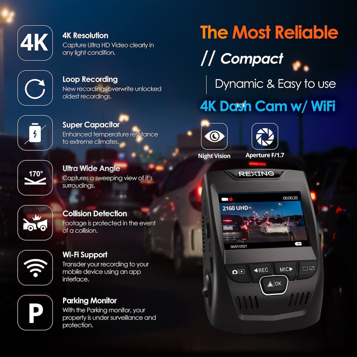 Rexingusa V1-4K Ultra Hd Car Dash Cam With Wi-Fi 2.4  Lcd Screen | 170 Wide Angle Dashboard Camera Recorder With G-Sensor | Wdr | Loop Recording | Supercapacitor | Mobile App | 256Gb Supported