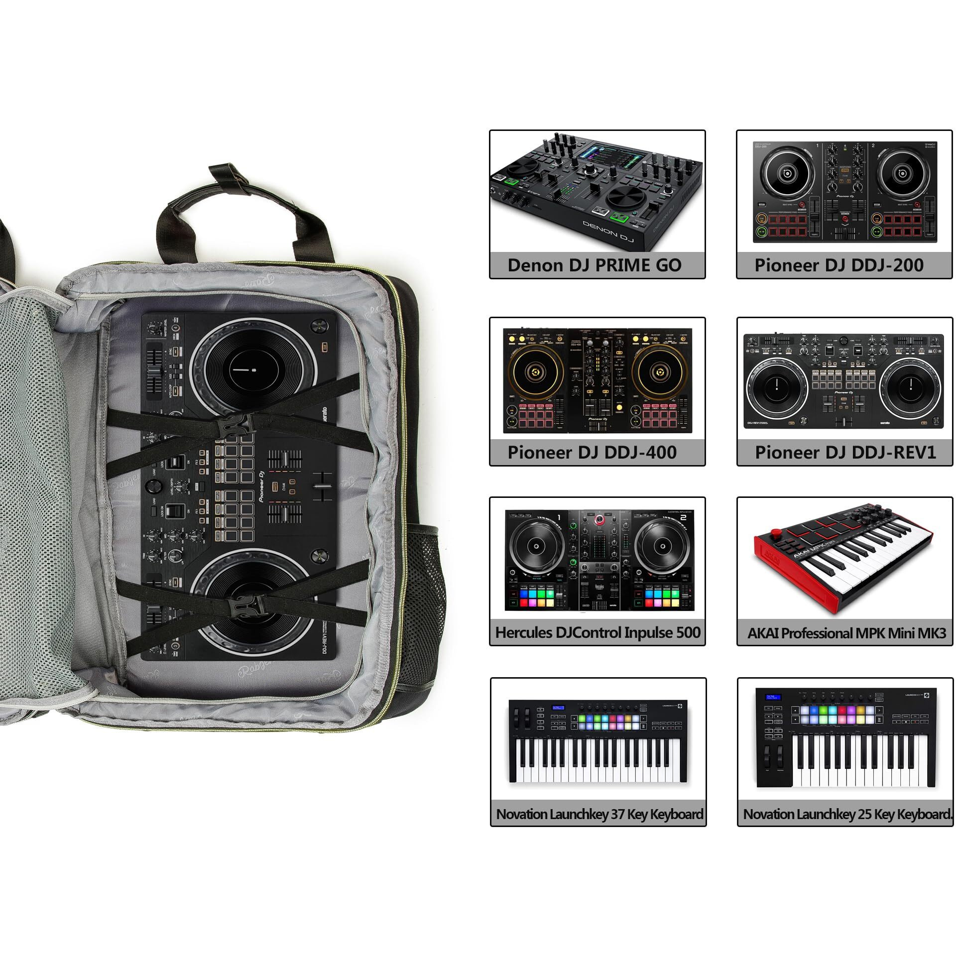 Rabjen Dj Backpack For Club Gigs  Dj Mixer Case Compatible With Pioneer Dj Ddj-Rev1  Dj Controller  Novation Launchkey 37 Key Keyboard And More Equipment