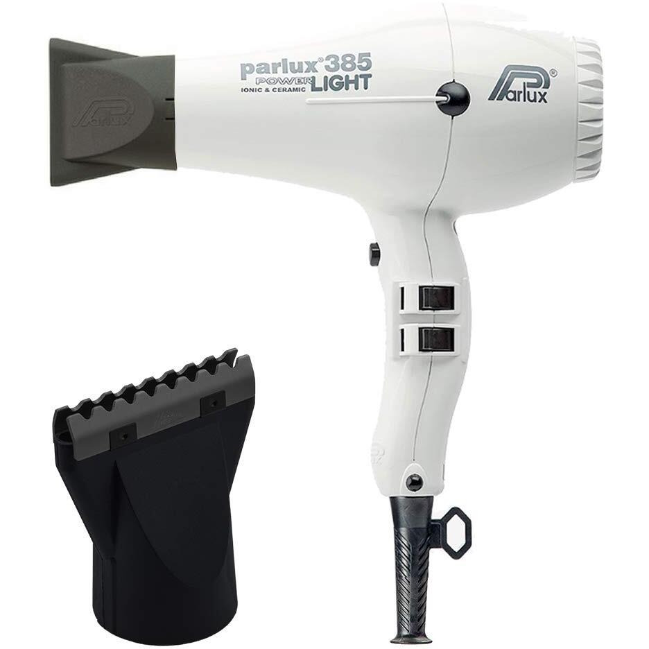 Parlux 385 Powerlight Ionic And Ceramic White Hair Dryer And M Hair Designs Hot Blow Attachment Black (Bundle 2 Items)