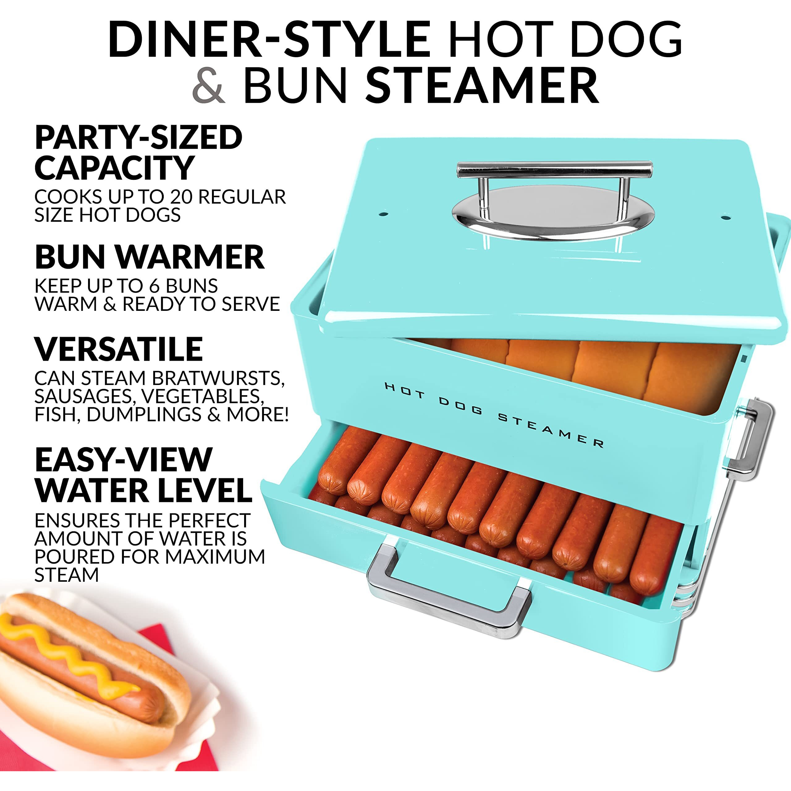 Nostalgia Extra Large Diner-Style Steamer  20 Hot Dogs And 6 Bun Capacity  Perfect For Breakfast Sausages  Brats  Vegetables  Fish  Aqua