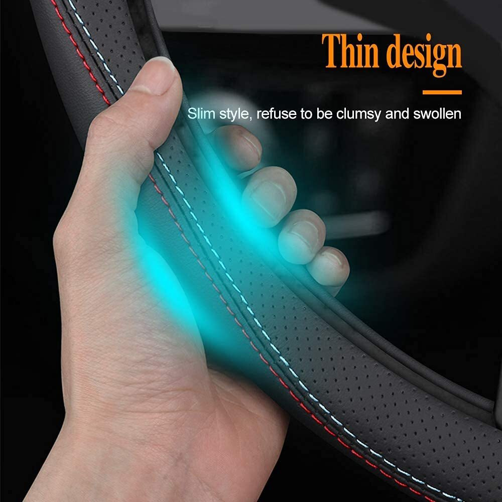 Carodi Latest Nappa Leather Car Steering Wheel Cover  Stylish Non-Slip Leather Car Interior 15 Inches Universal (D-Shape Black)