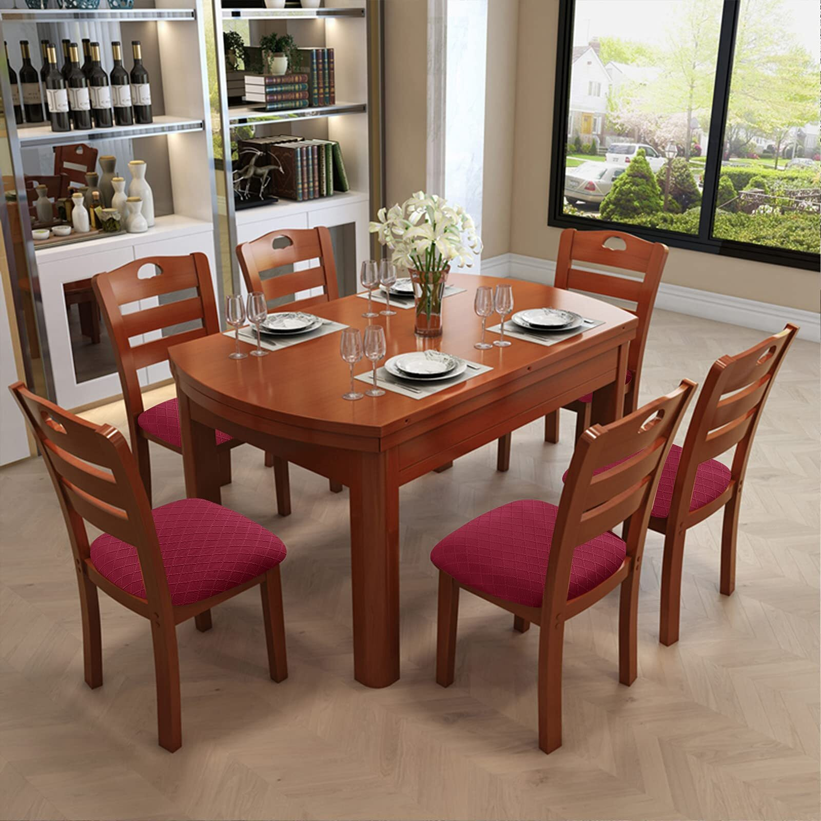 Genina Waterproof Seat Covers For Dining Room Chairs Covers Dining Chair Cover Kitchen Chair Covers (Wine Red  6 Pcs)