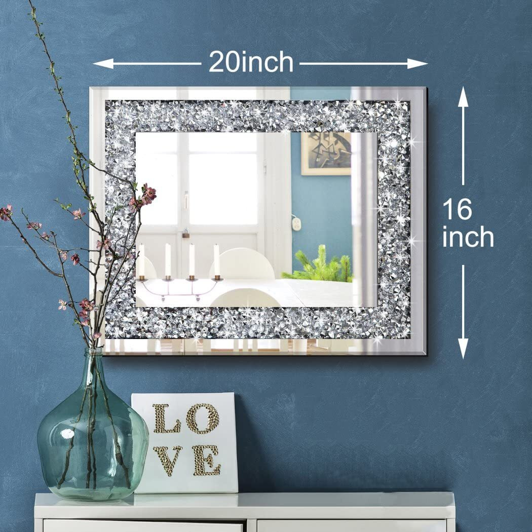 Qmdecor Rectangle Sparkling Decorative Wall Mirror For Home Decoration With Silver Crystal Crush Diamond DCor  Dimention16X20X1 Inch  Wall Hang Frameless Mirrors Glass Diamond DCor.