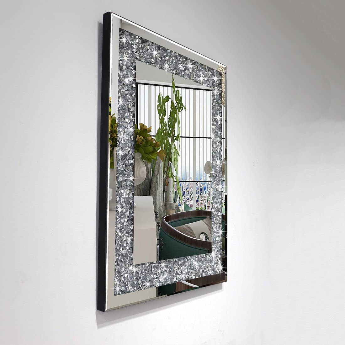 Qmdecor Rectangle Sparkling Decorative Wall Mirror For Home Decoration With Silver Crystal Crush Diamond DCor  Dimention16X20X1 Inch  Wall Hang Frameless Mirrors Glass Diamond DCor.